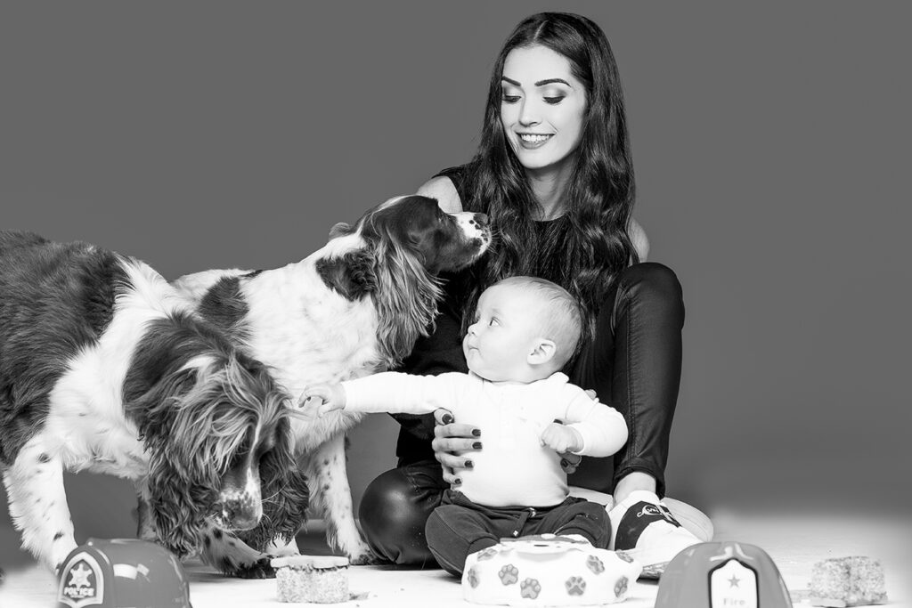 Family Portraits of Mom, baby and dogs in Studio shot by Kevin Mark Pass, makeup by Storm Pass